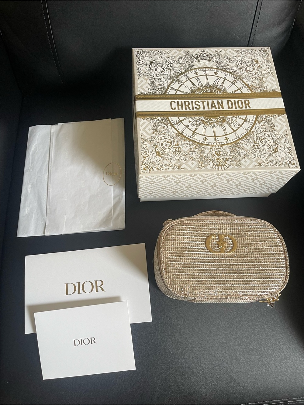 Dior Gold Metallic Cosmetic Pouch with additional J'ADORE Charm. With box.